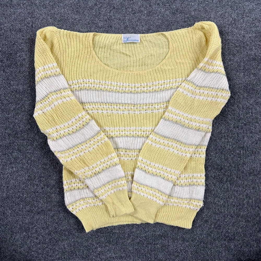 Knit Necessities Sweater Womens Size M Yellow White Striped Metallic USA Made